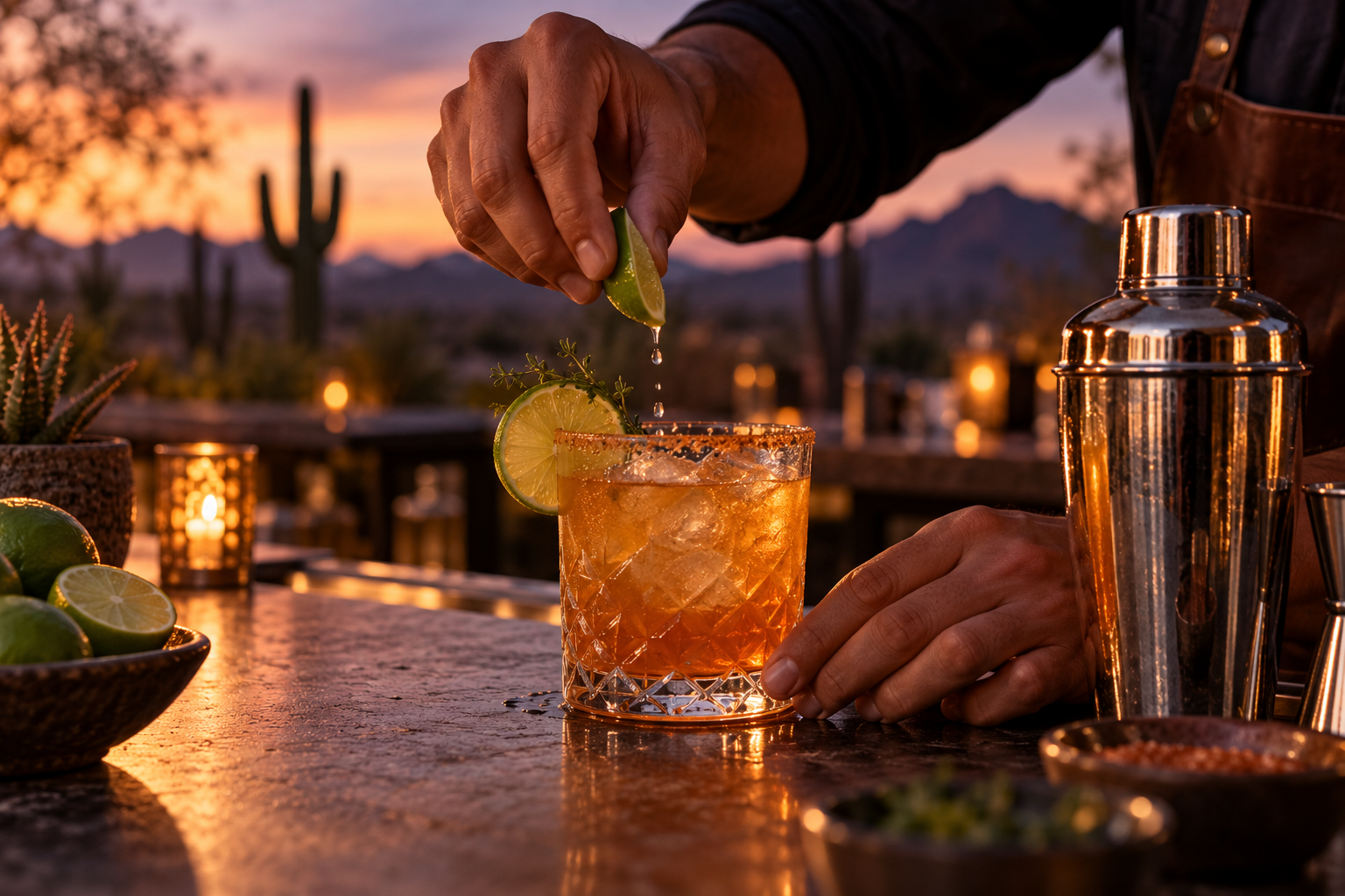 A mixologist finishes an amber citrus cocktail at a bar in the evening